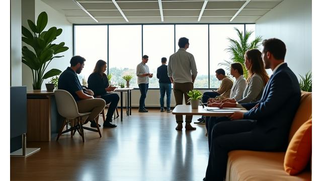 Team di consulenti che discutono in un ambiente open space, con elementi che suggeriscono work-life balance.