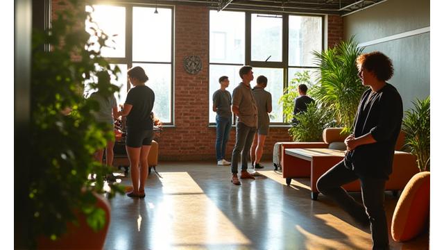 Startup tecnologica di Milano con dipendenti che praticano mindfulness in un open space moderno.
