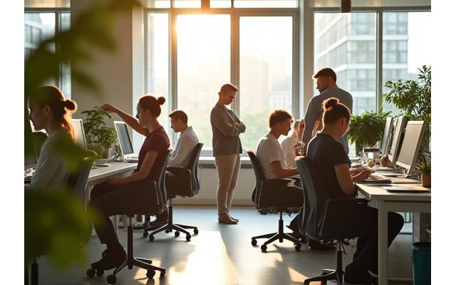 Professionisti sereni in un ufficio moderno e luminoso, che simboleggiano il benessere aziendale.