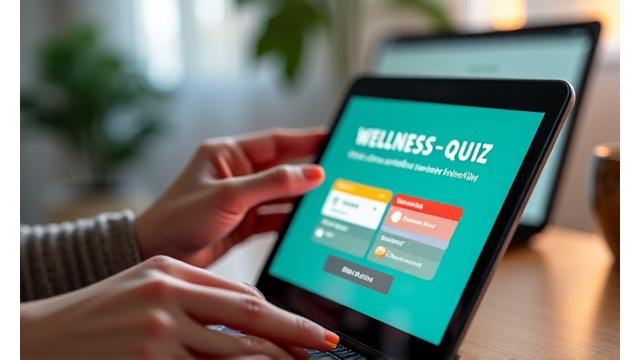 Persona mentre compila un quiz online su un tablet, circondata da elementi che suggeriscono benessere moderno.