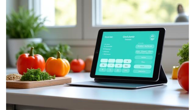 Un banco da cucina con ingredienti freschi, un tablet che mostra un'applicazione di ricette e una bilancia digitale.