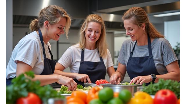 Partecipanti allegri durante una cooking class su cibi sani.