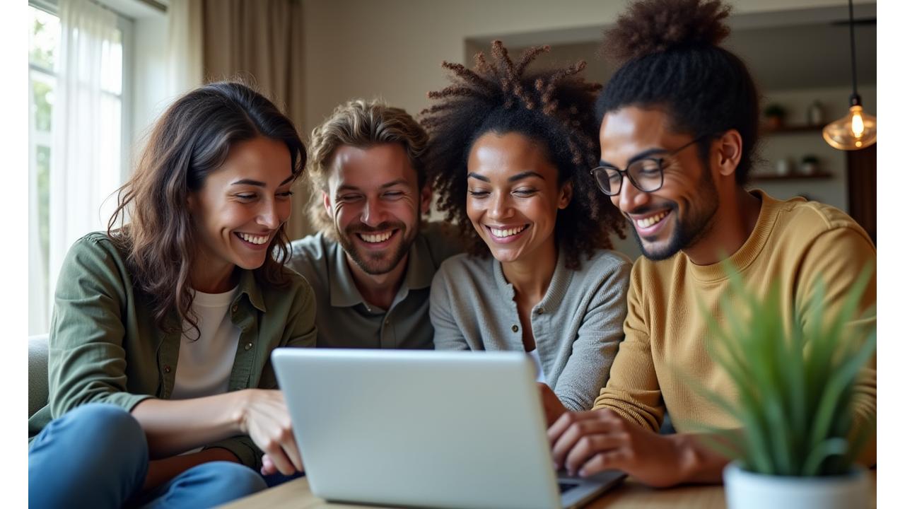 Un gruppo di persone sorridenti che leggono e interagiscono su un tablet in un ambiente luminoso e naturale, simboleggiando la community Vitalia Ora.