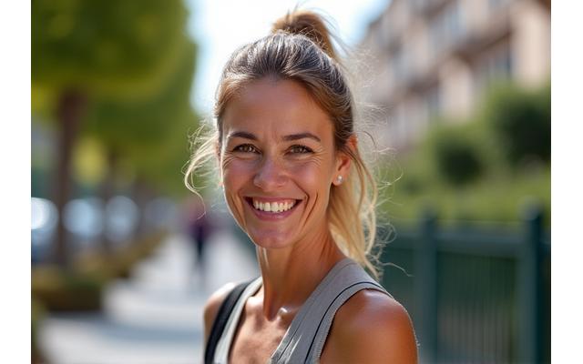 Anna sorridente dopo una trasformazione fisica, con sfondo urbano milanese.