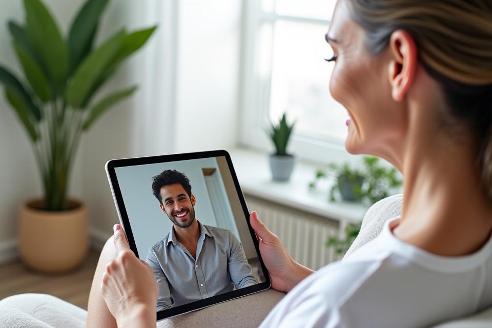 Donna sorridente che interagisce digitalmente con un coach del benessere sullo schermo di un tablet, in un ambiente moderno e luminoso, simbolo di consulenza virtuale.