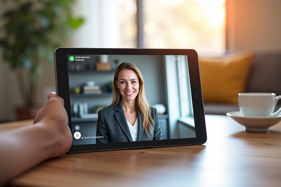 Dettaglio di uno schermo di tablet con interfaccia di videochiamata pulita, mostrando una consulenza online. Sullo sfondo, un leggero blur di un ambiente domestico accogliente.