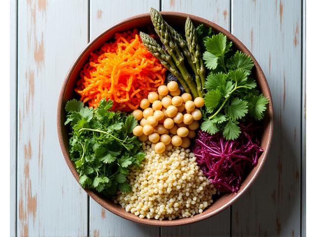 Buddha bowl colorata con ingredienti freschi locali.