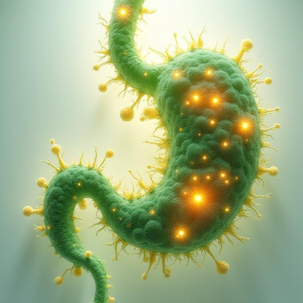 Illustrazione stilizzata del sistema digestivo umano con batteri benefici in colori vivaci.