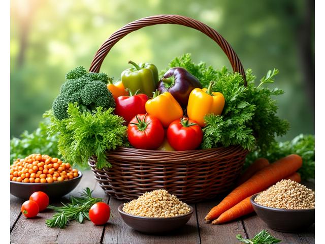 Cesto di verdure fresche e vibranti, legumi e cereali integrali che simboleggiano una dieta vegetariana ricca e bilanciata.