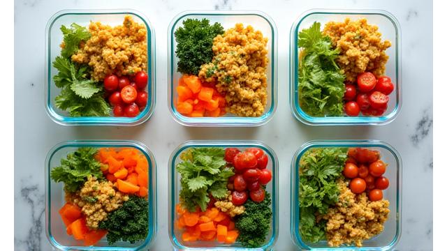 Contenitori per meal prep colorati e organizzati con pasti vegetariani per la settimana.
