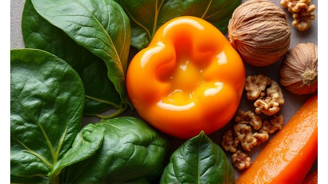 Illustrazione di diverse fonti vegetali ricche di micronutrienti specifici come spinaci per il ferro e noci per gli omega-3.