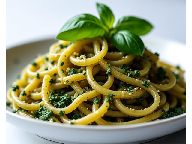 Pasta integrale con pesto di anacardi e spinaci baby.