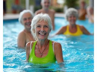 Gruppo di anziani sorridenti che fanno aerobica in acqua in piscina, enfatizzando l'impatto zero.