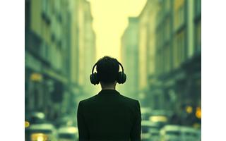 Persona con cuffie che trasforma il rumore urbano in focus per la meditazione