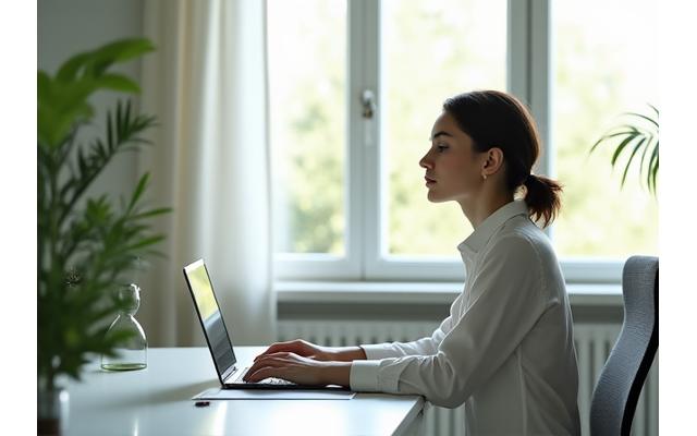 Persona serena che medita alla scrivania in un ufficio moderno