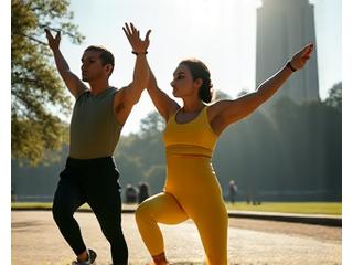 Uomo e donna atletici che fanno stretching nel Parco Sempione con il Castello Sforzesco sullo sfondo