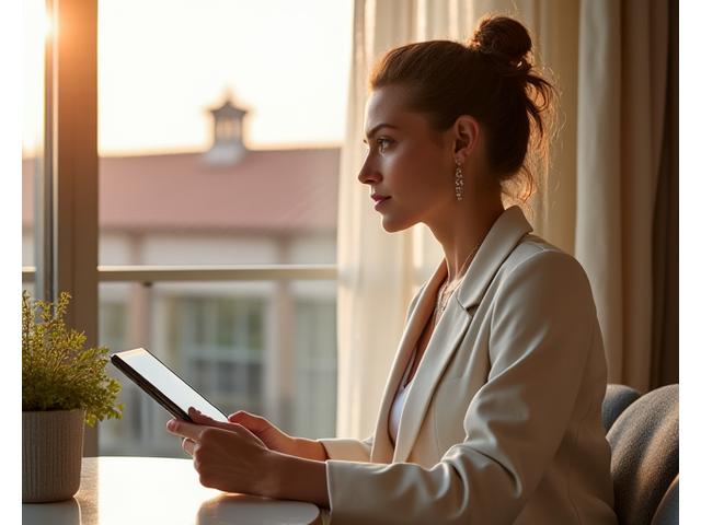 Donna elegante milanese che traccia il benessere su un tablet, circondata da elementi naturali e moderni