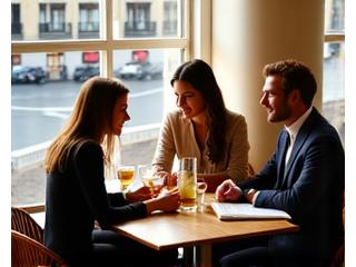 Giovani professionisti milanesi che interagiscono in un caffè chic, che mostra equilibrio tra lavoro e vita sociale