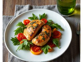 Piatto elegante e salutare con ingredienti freschi italiani, come salmone, asparagi e pomodorini