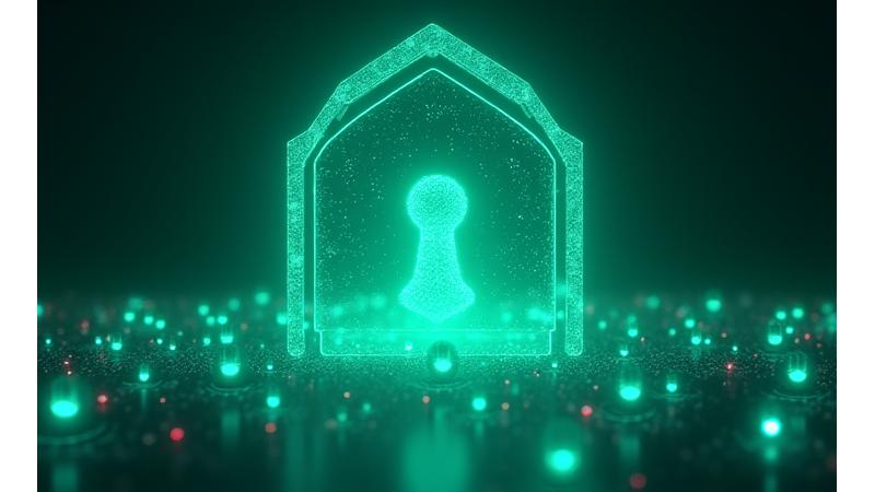 Illustrazione futuristica di un ambiente digitale sicuro con firewall e nodi di dati criptati, che simboleggia protezione avanzata dei dati.