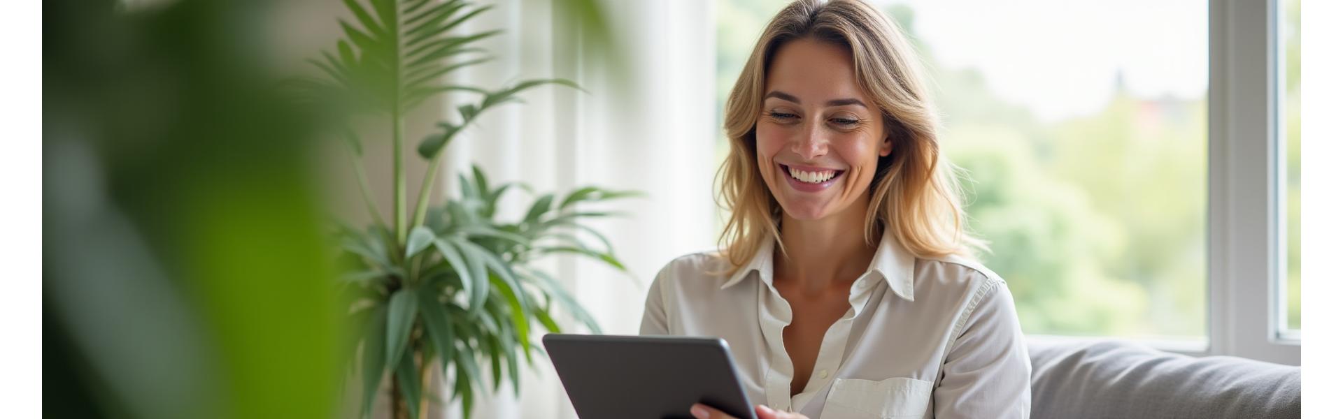 Donna sorridente che partecipa a un webinar interattivo su un tablet, circondata da piante e luce naturale.