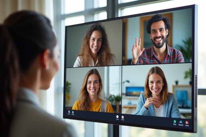 Gruppo di persone sorridenti che partecipano a una sessione online interattiva, visibili su schermi.
