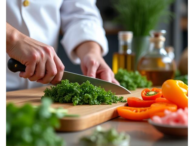 Chef che prepara un piatto sano con ingredienti freschi, mettendo in risalto la nutrizione avanzata.